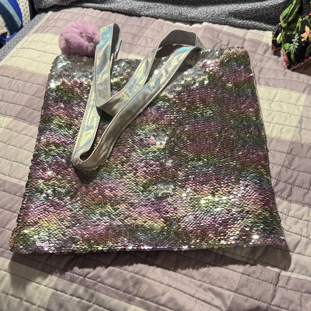 Multicolor Sequin Tote Bag with Pom Pom